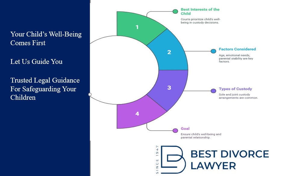 CHILD CUSTODY. 1) Best Interests of the Child, courts prioritizing the child's well-being; 2) Factors Considered, noting age, emotional needs, and parental stability as key factors; 3) Types of Custody, indicating sole and joint custody arrangements are common; and 4) Goal , emphasizing ensuring the child's well-being and parental relationship.