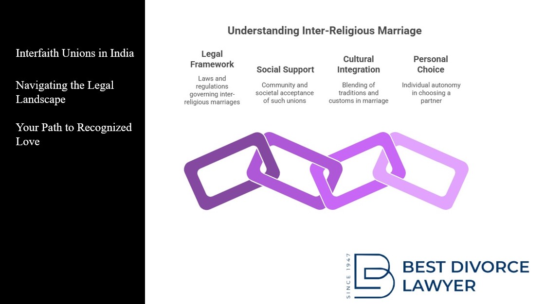 Understanding Interreligious Marriage. Legal Framework (laws and regulations), Social Support (community and societal acceptance), Cultural Integration (blending of traditions), and Personal Choice (individual autonomy). Bestdivorcelawyer.in